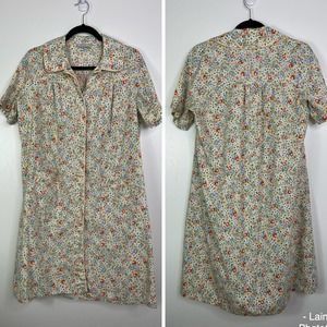 VINTAGE Snap Up Short Sleeve Floral Cotton Blend House Dress, Housecoat, Robe S